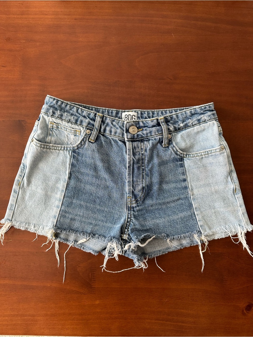 BDG Two-Tone High-Rise Cutoff Denim Shorts - Light & Medium Blue